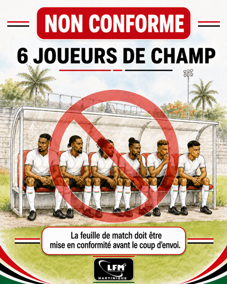 Non conforme : six joueurs de champ remplaçants — la feuille de match doit être mise en conformité avant le coup d'envoi