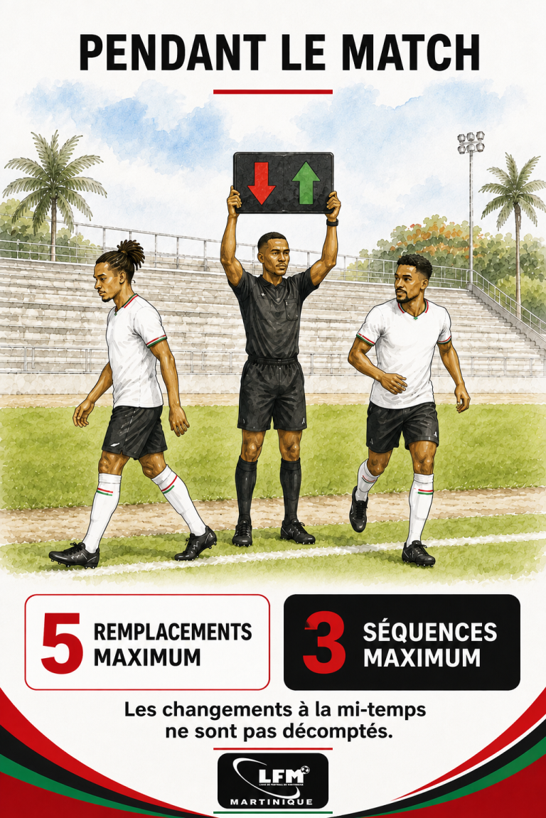 Pendant le match : cinq remplacements maximum, en trois séquences maximum ; les changements à la mi-temps ne sont pas décomptés